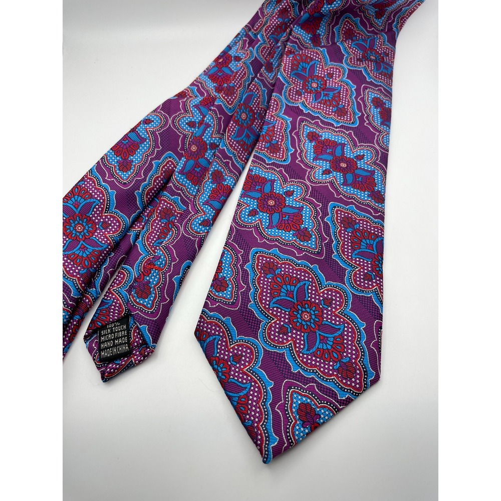 Imani Uomo Mens Purple Blue Paisley Floral Medallion Silk Touch Microfiber Tie
